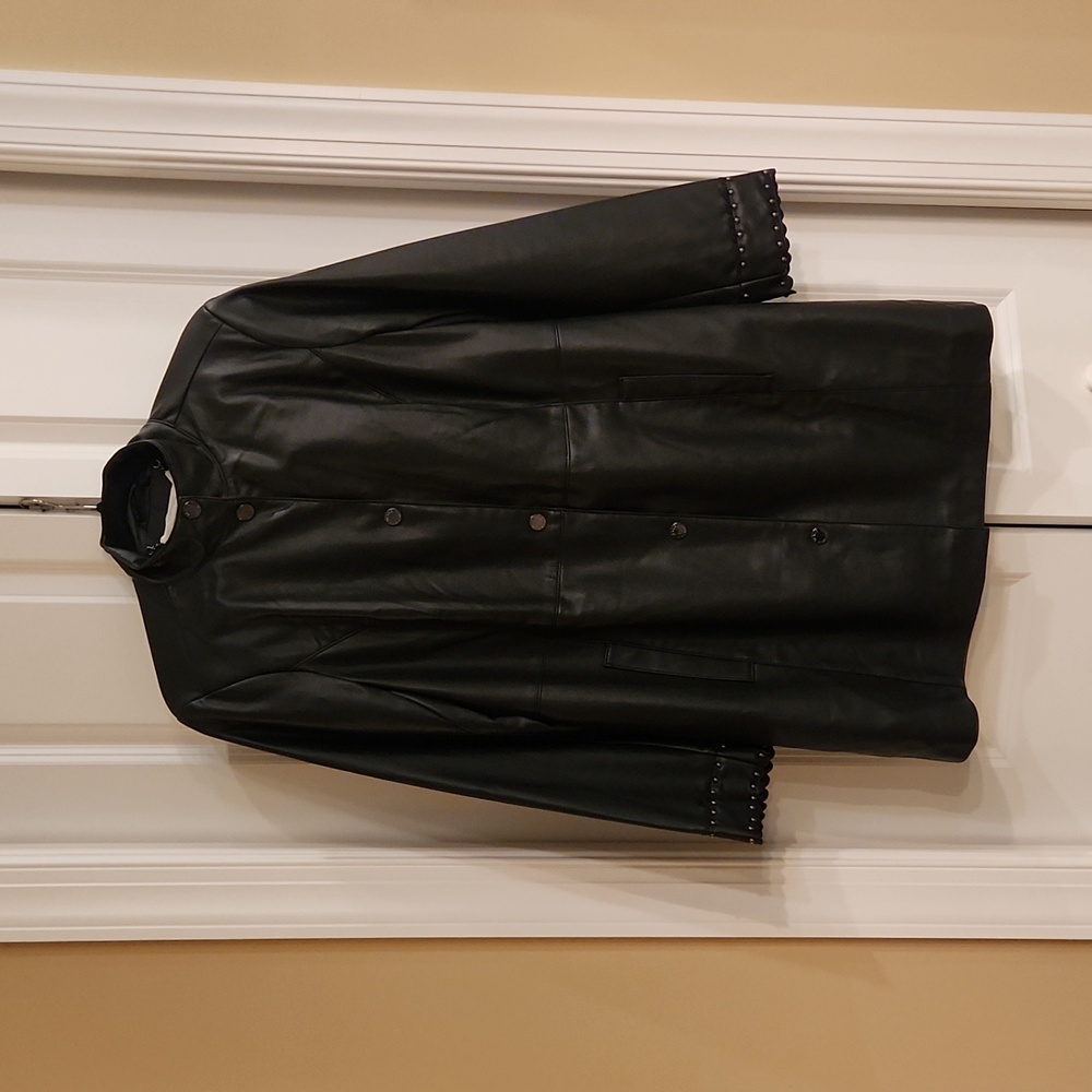 Dennis Basso Faux Leather Coat with Scalloped Cuffs -BLACK